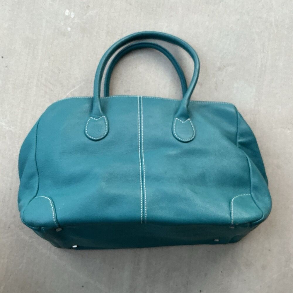 Levenger Teal Blue Leather Large Tote Handbag White Stitching Shoulder Bag